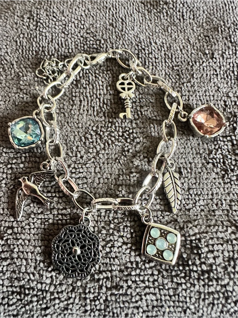 Silver-Tone Multi-Charm Bracelet with Aqua and Rose Crystals